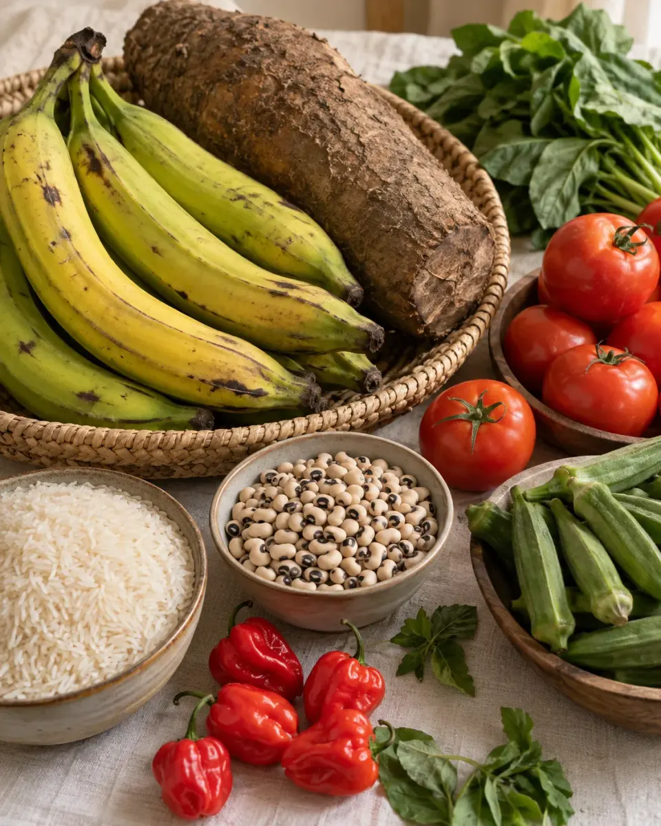Plantains, yam, rice, beans and fresh vegetables