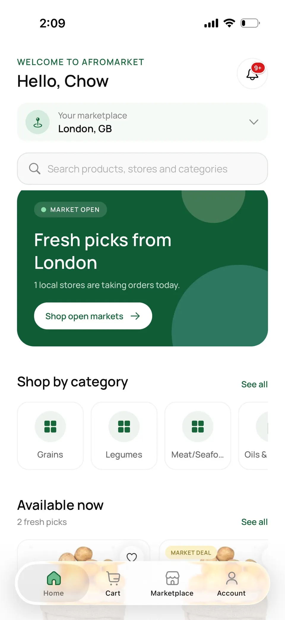 AMS Customer app home screen with the London marketplace and shopping categories