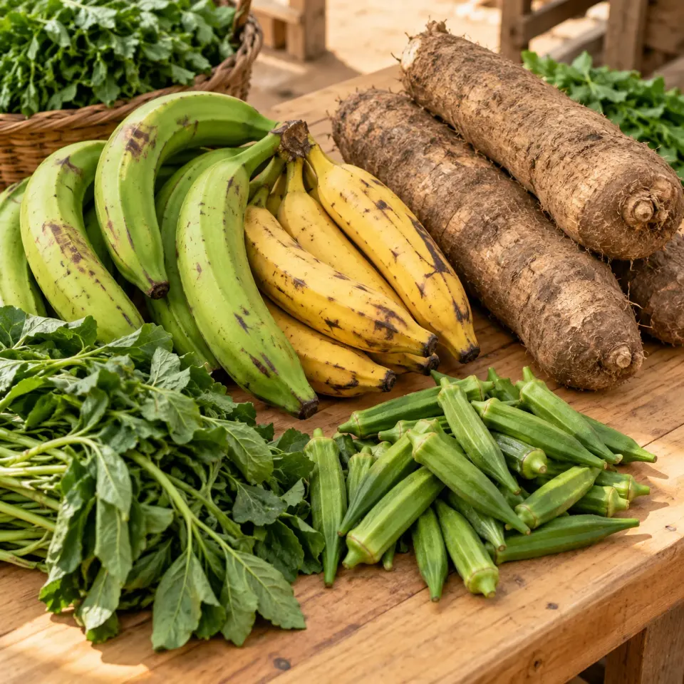 Plantain and yam with fresh leafy greens
