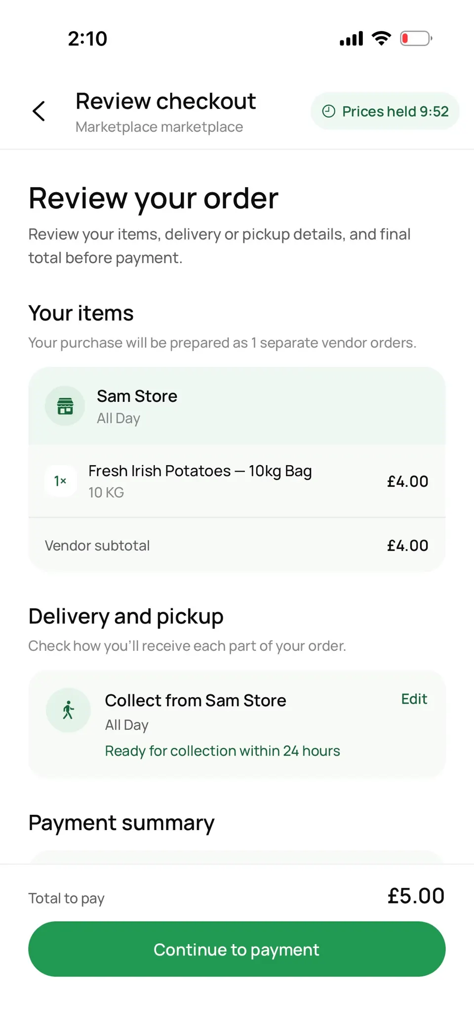 AMS checkout showing order items, pickup details and the total before payment