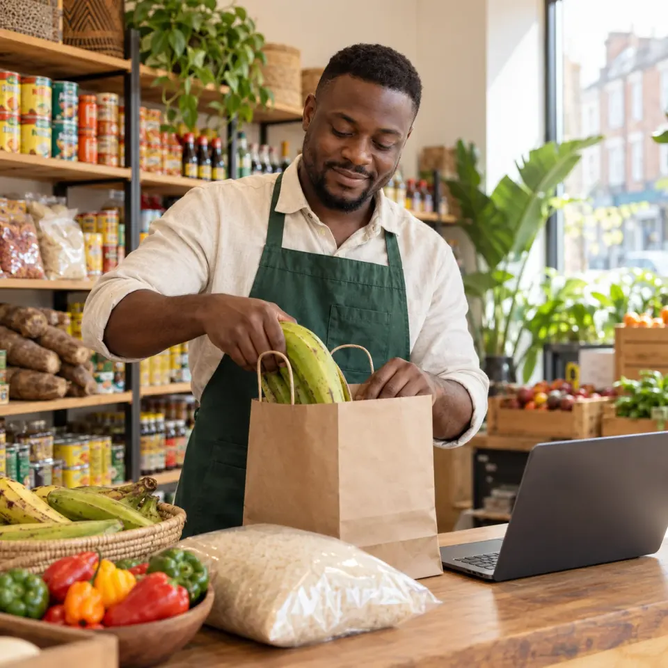 Illustrative scene of an independent grocery owner packing an order beside a laptop
