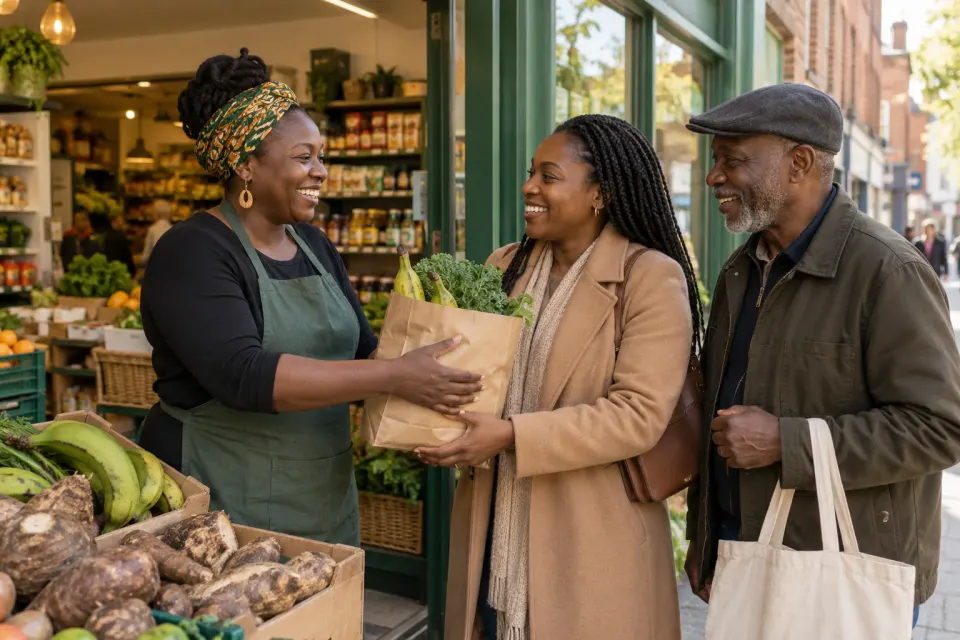 Illustrative scene of a shopkeeper handing groceries to customers outside a local shop